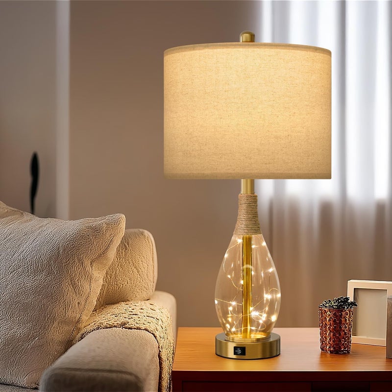 OYEARS 23" Table Lamps for Living Room Set of 2 Bedside Lamps for Night Stands Bedroom Lamps Farmhouse Rattan Boho Lamp Glass Nightlight End Table Lamp with USB C+A (Gold),Two Light Points - Image 5